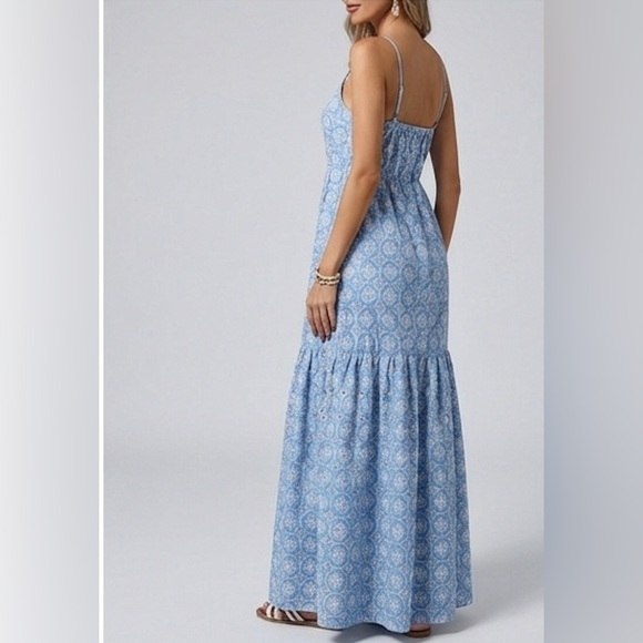 Blue & White Boho Eyelet Embroidered Tiered Maxi Dress - Picture 9 of 10